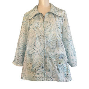 Chico's Zenergy Blue Abstract Floral Print Ruched Sleeves Zip Jacket Size Med